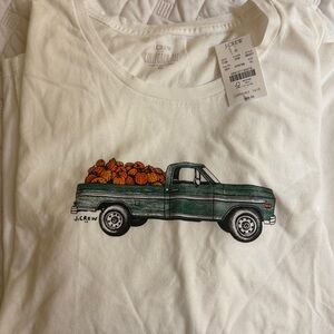 J.Crew White Tee with Green Truck and Orange Pumpkins